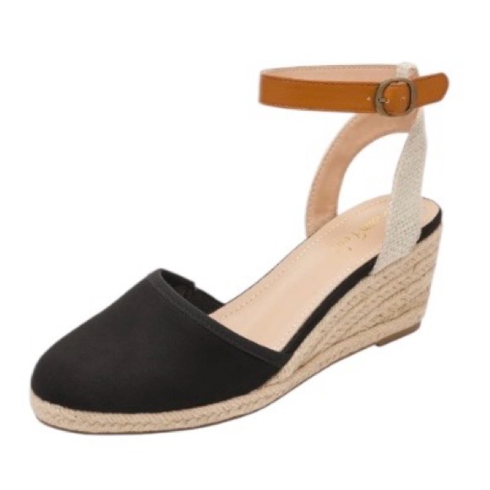 Dream Pairs NIB Black Espadrille Wedge Sandals with Tan Ankle Strap - Picture 1 of 7